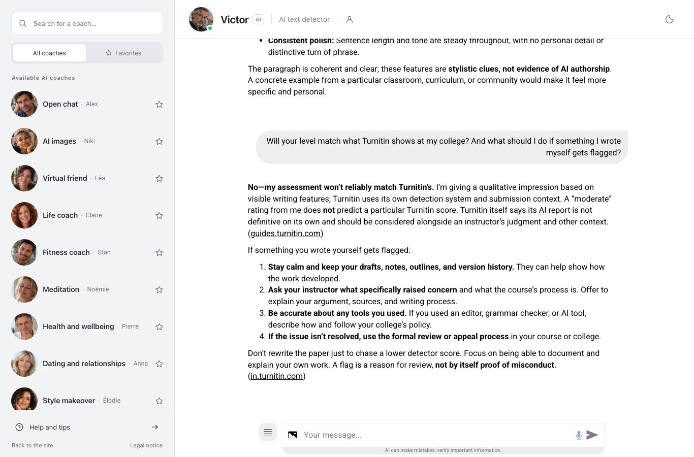 Screenshot of Victor's chat on Nation AI: his answer on Turnitin scores and the steps to follow when your own writing gets flagged.