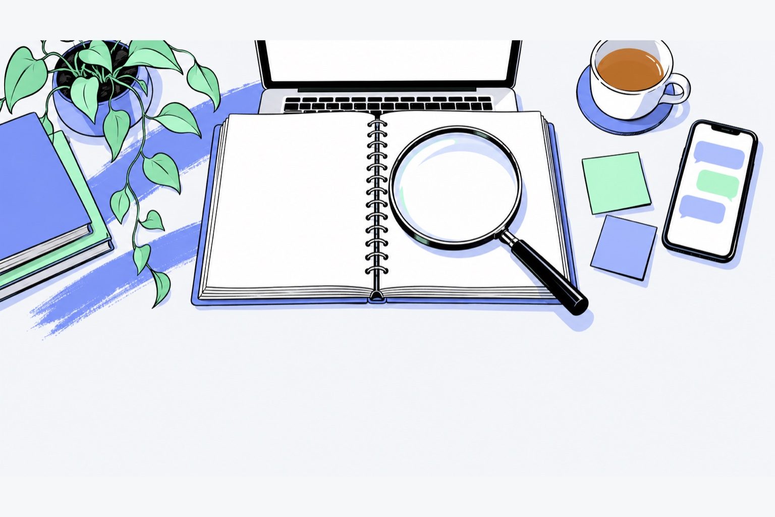 Top-down illustration of a student's desk the night before a deadline: an essay in a spiral notebook open to blank pages under a large magnifying glass, a laptop with a blank screen above, a phone showing a chat in periwinkle and mint bubbles, a cup of tea and two sticky notes, a dab of periwinkle paint and a plant on the left; the bottom of the image is an empty light gray area.