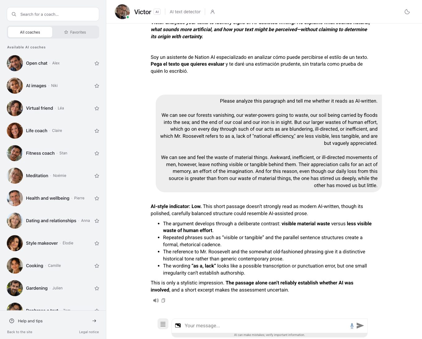 Screenshot of Victor’s chat on Nation AI: the chat shows a passage from a 1911 book and Victor’s low style level.