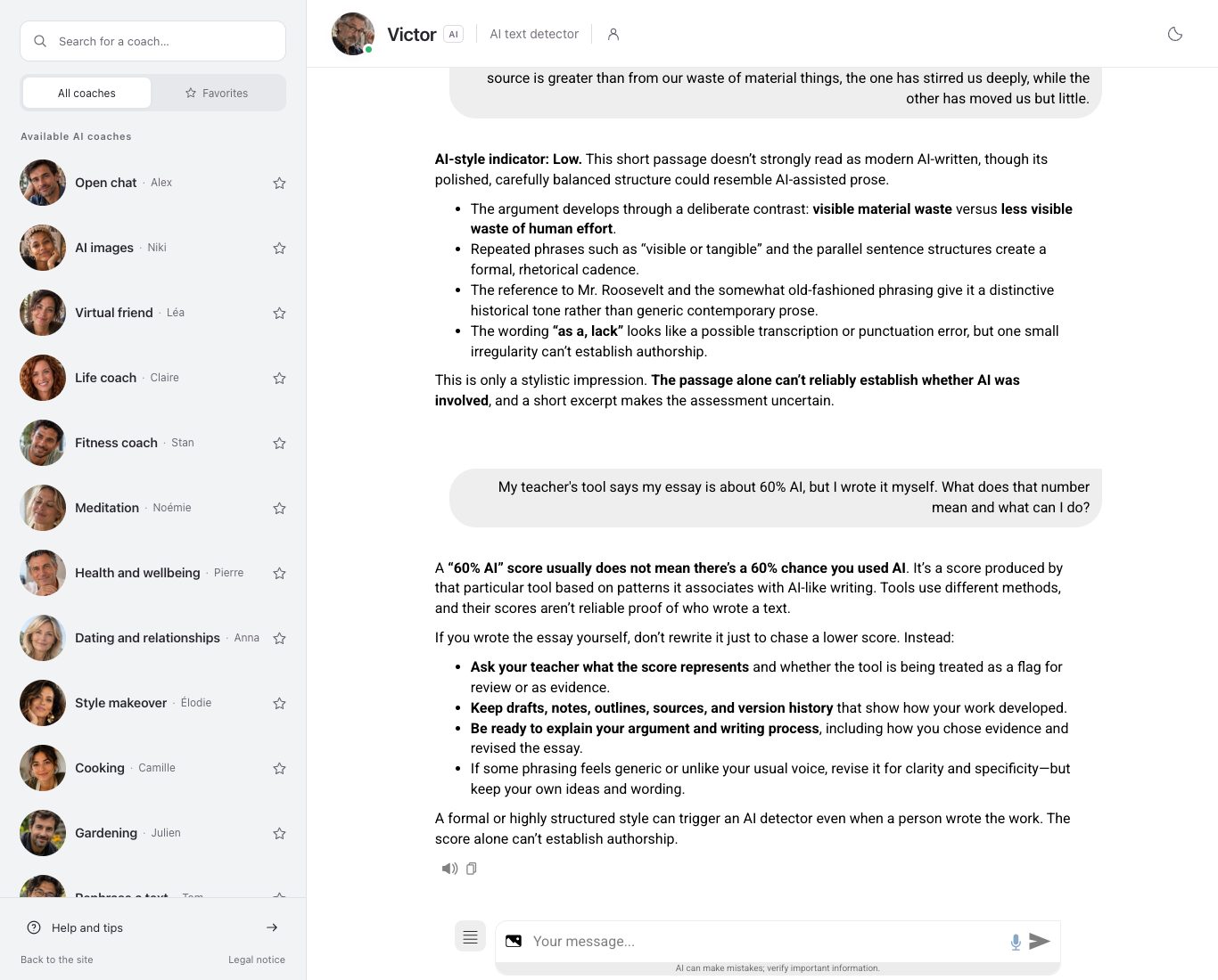 Screenshot of Victor’s chat on Nation AI: a student’s question about a 60% AI score on an essay she wrote herself, and Victor’s answer with the steps to take.