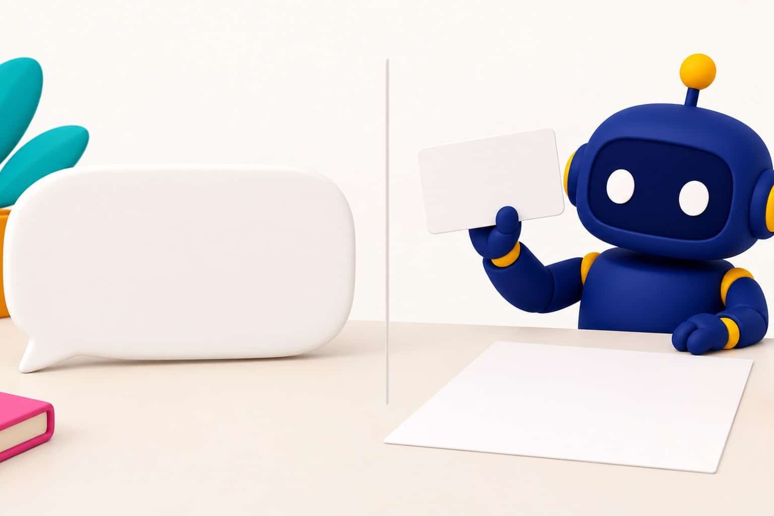 3D illustration of the line between chat and agent: on the left a speech bubble resting on a desk, on the right a small robot holding a bank card over a booking form