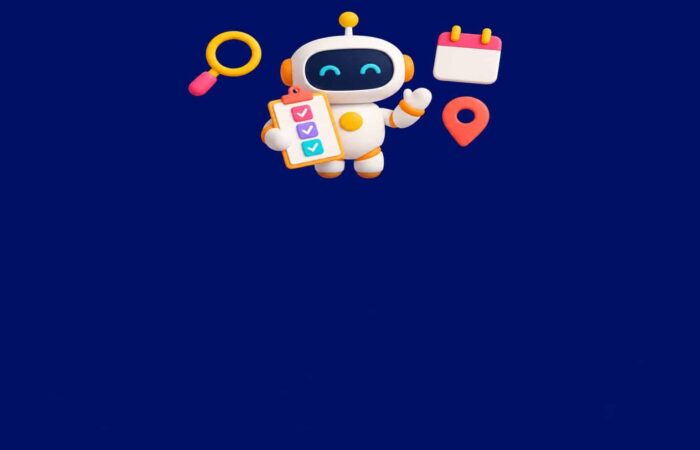3D illustration of an AI agent: small robot with a checklist and floating tool icons on a night blue background