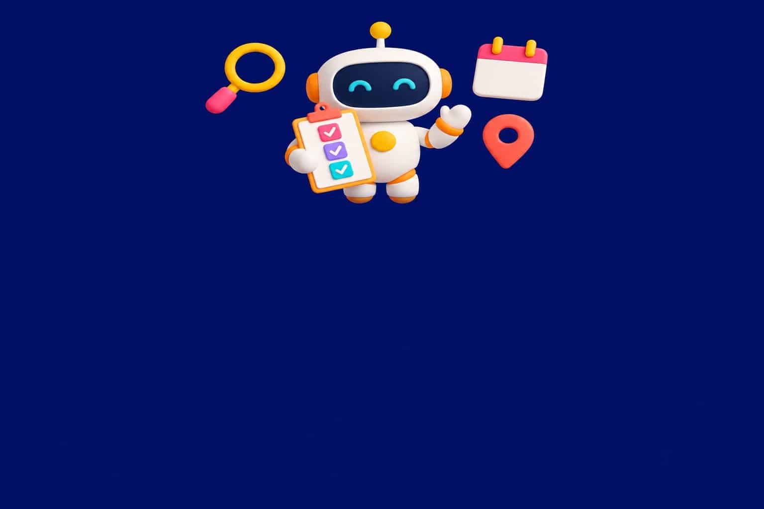 3D illustration of an AI agent: small robot with a checklist and floating tool icons on a night blue background