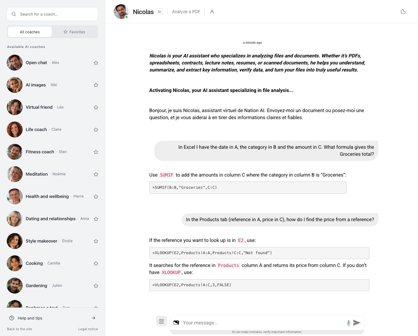 Screenshot of the Nation AI chat: the coach list on the left, the two questions about the groceries total and the price found from a reference, and Nicolas's SUMIF, XLOOKUP and VLOOKUP formulas in the conversation