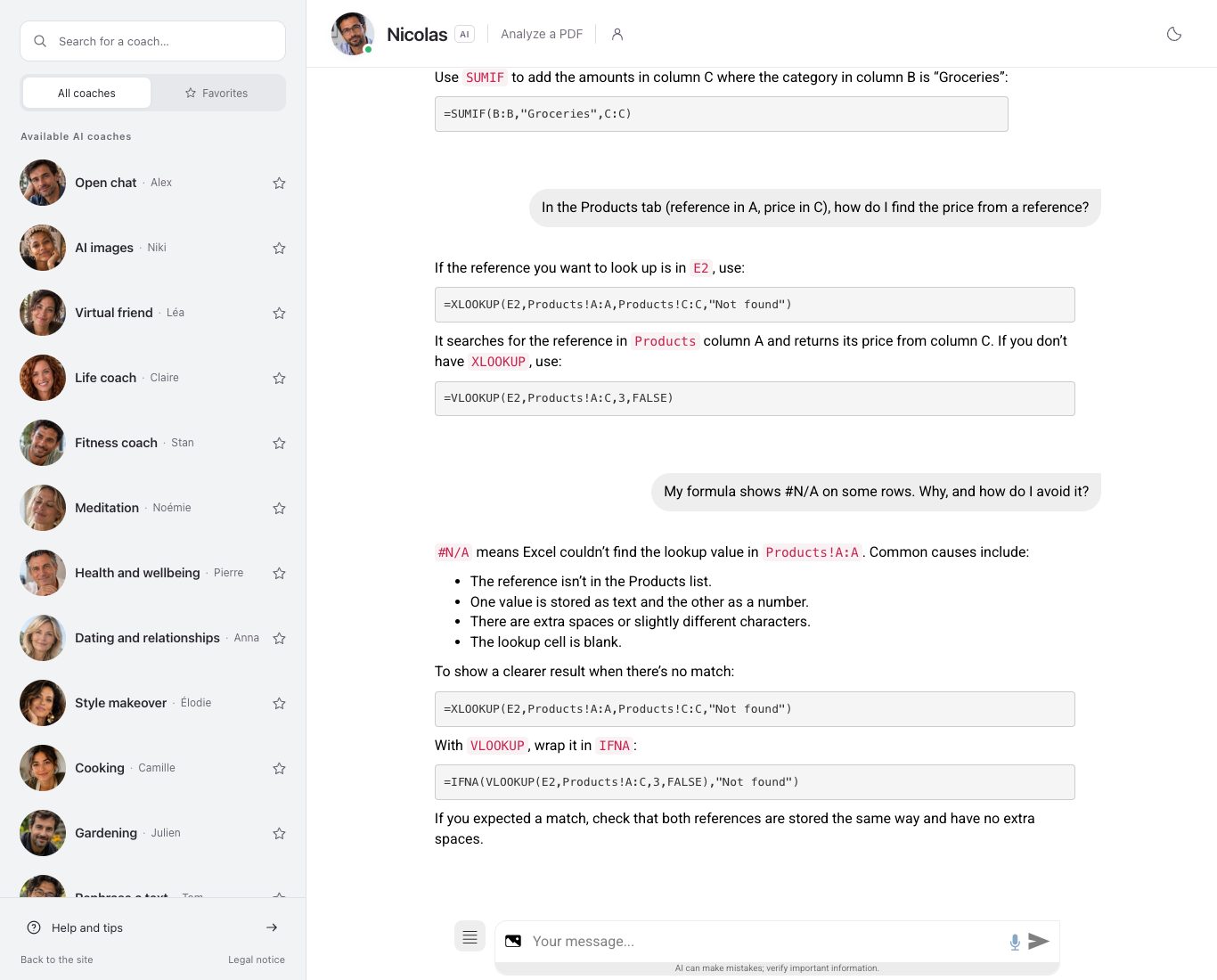 Screenshot of the Nation AI chat: the reader's question about the #N/A error and Nicolas's reply, which lists its possible causes and gives the formulas that display a readable message in place of the error