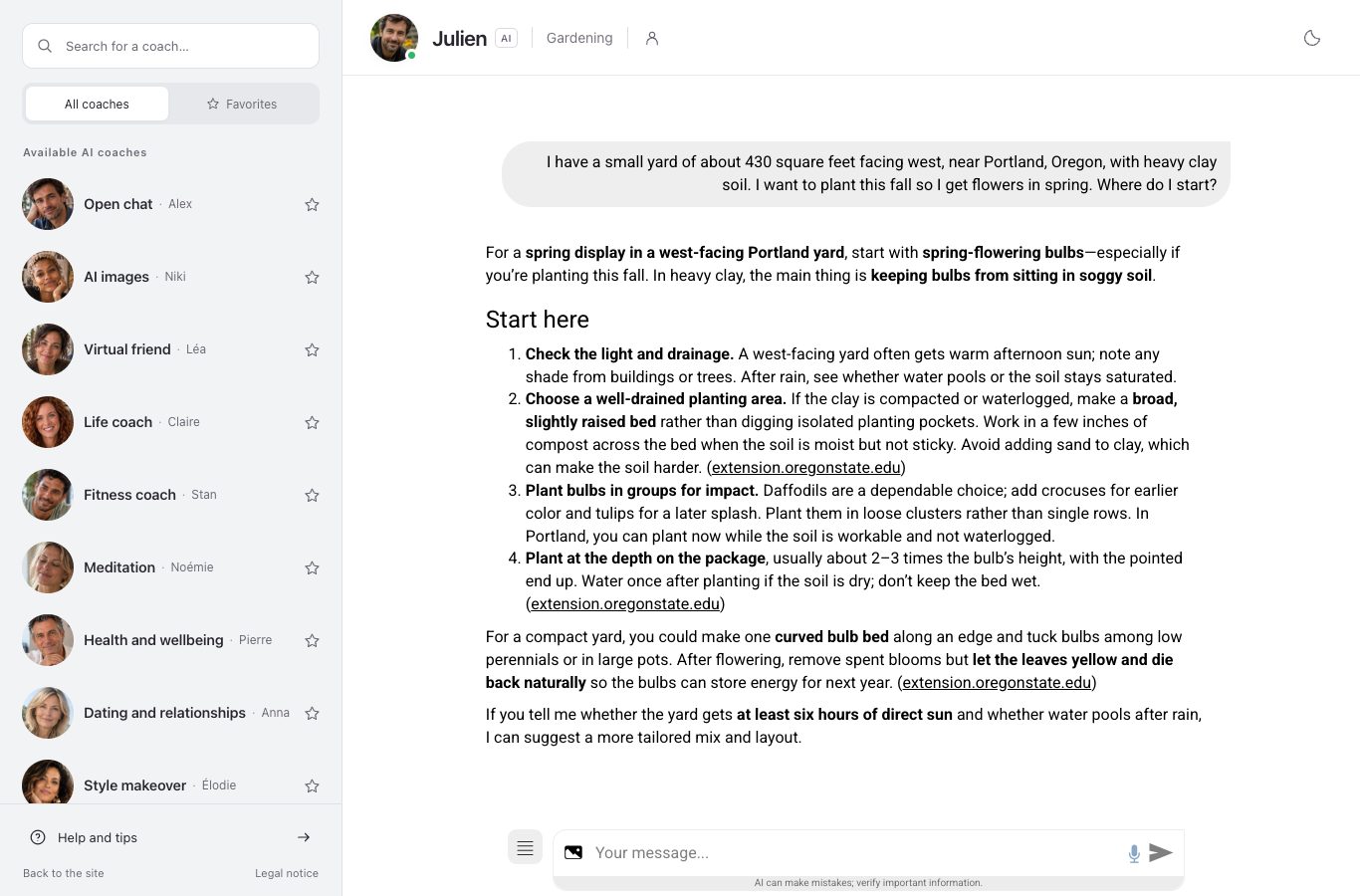 Screenshot of the nation.ai chat: the yard question and Julien’s advice on light, drainage, raised beds and bulb groups