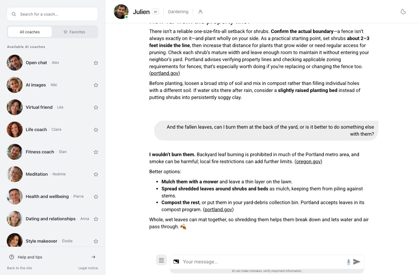 Screenshot of the nation.ai chat with the gardening coach Julien: the end of his hedge reply, the question about fallen leaves, and his answer on composting them instead of burning