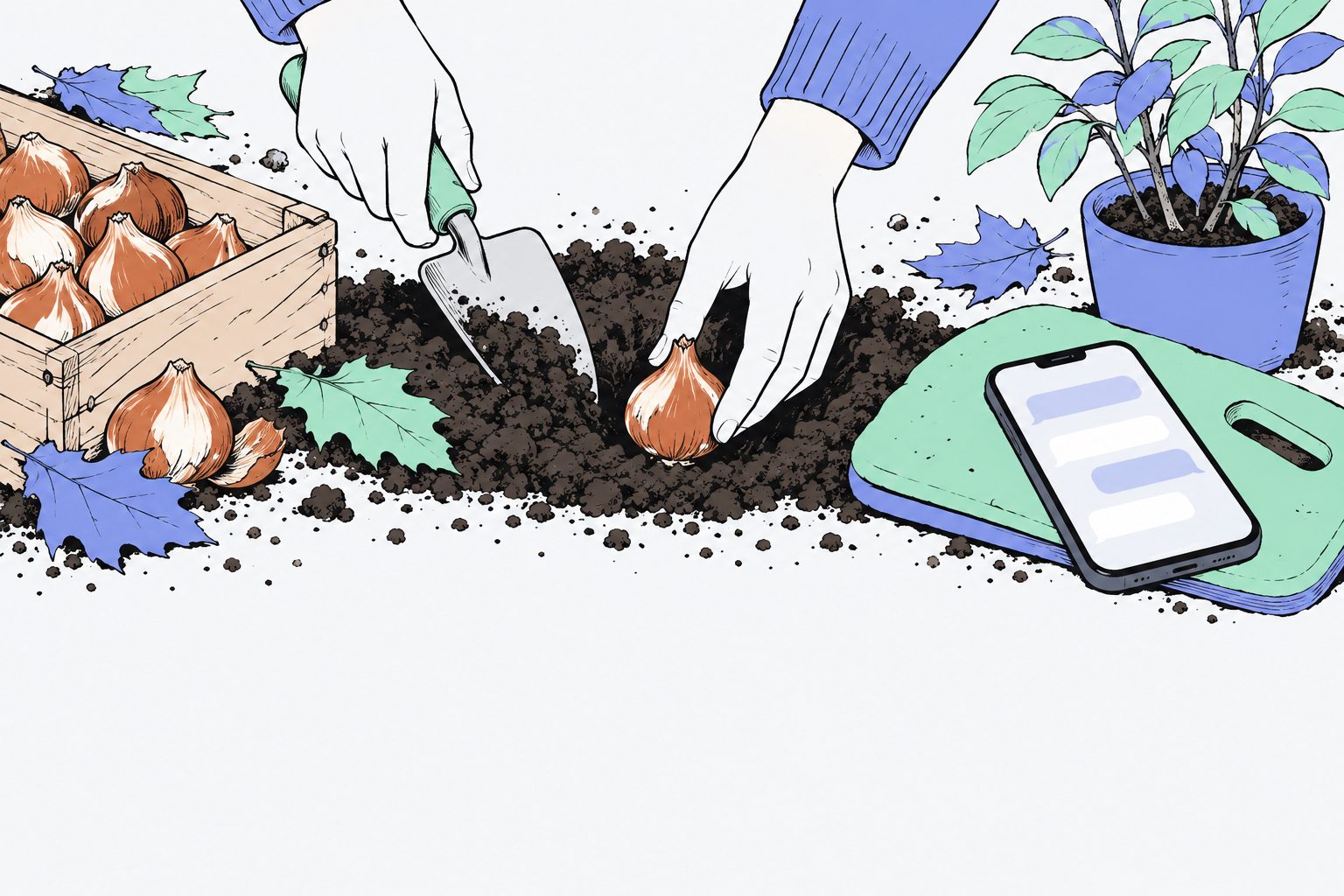 Illustration éditoriale au trait plat : deux mains de jardinier déposent un bulbe de tulipe dans un trou à l'aide d'une truelle, une caissette en bois de bulbes à côté, des feuilles mortes de pervenche et de menthe, un jeune arbuste en pot et un smartphone posé sur une genouillère, à l'écran une conversation de bulles vides ; le bas de l'image reste en blanc.