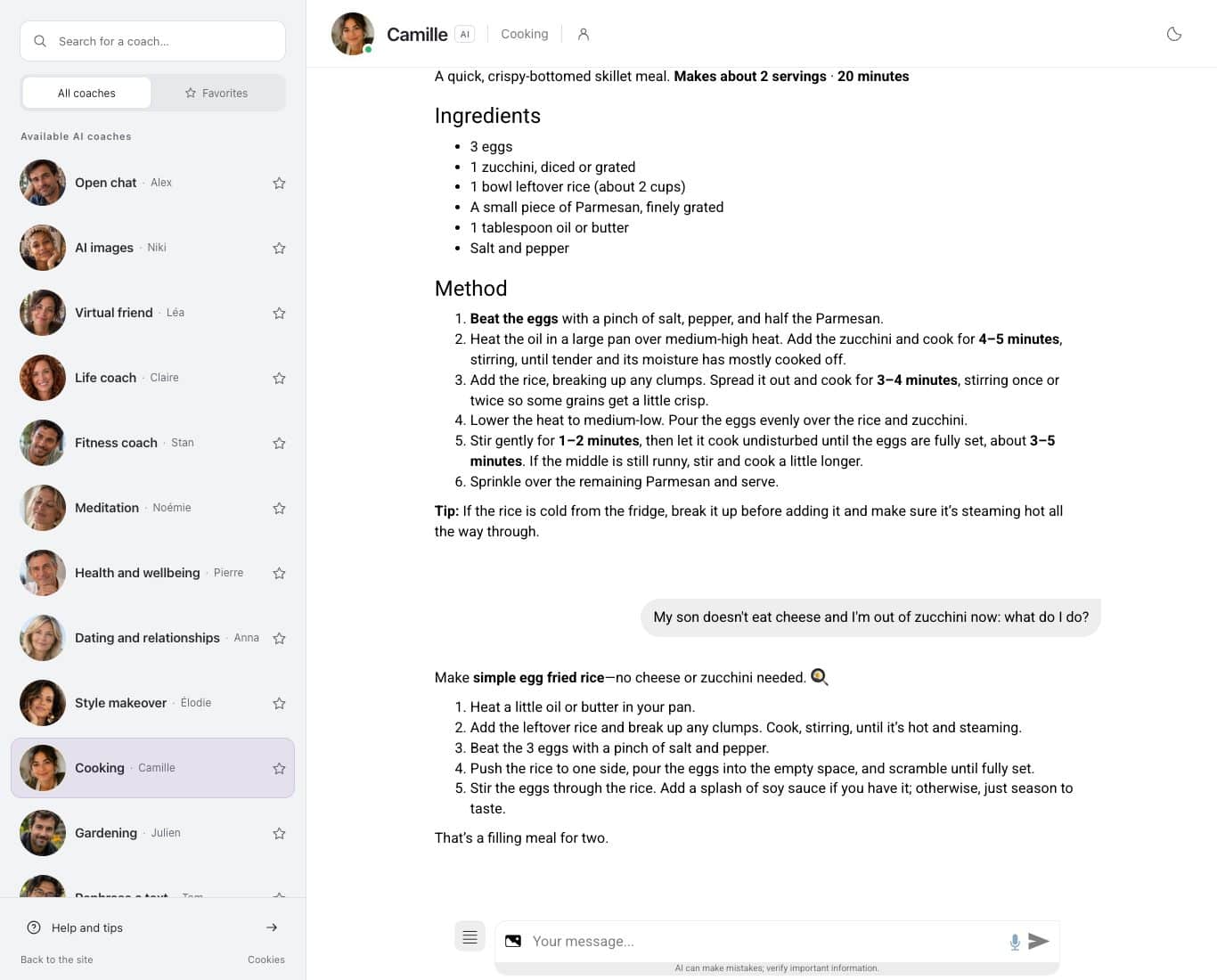 Nation chat screenshot: the message saying cheese is refused at home and no zucchini is left, and Camille's new recipe, an egg fried rice