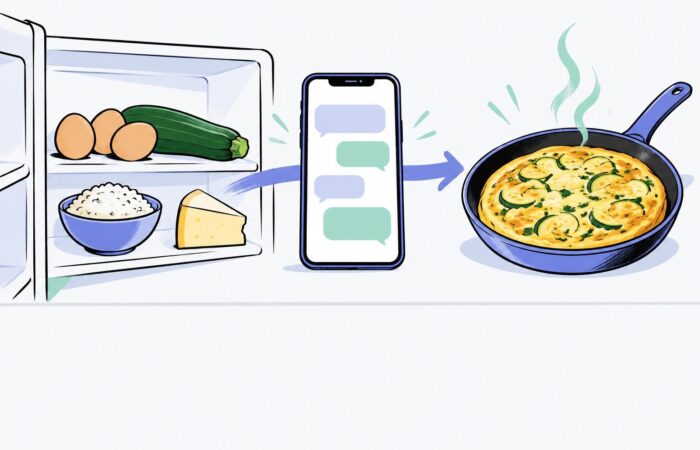 Illustration au trait en deux volets : à gauche, l'étagère d'un réfrigérateur ouvert avec trois œufs, une courgette, du riz de la veille dans un bol et un morceau de fromage ; à droite, les mêmes ingrédients réunis en une frittata dorée dans une poêle bleu pervenche, avec une vapeur verte menthe ; au centre, un smartphone aux bulles de chat bleu pervenche et menthe, relié aux deux scènes par une flèche au trait de pinceau bleu pervenche.