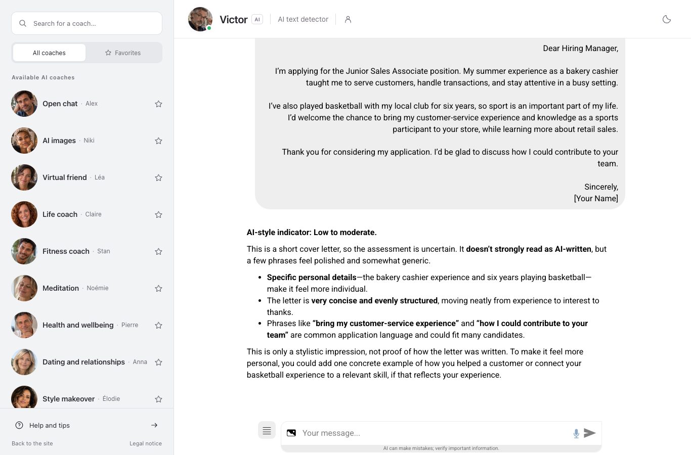 The Nation AI chat: coach Victor’s header, AI text detector, and his reply to the submitted letter, which opens with “AI-style indicator: Low to moderate.”