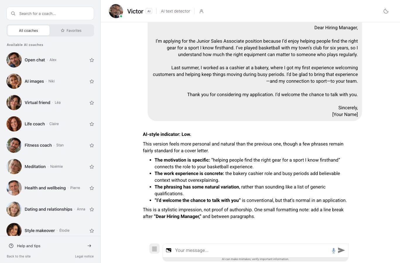 The Nation AI chat: Victor’s reply to the second version of the letter, which opens with “AI-style indicator: Low.”