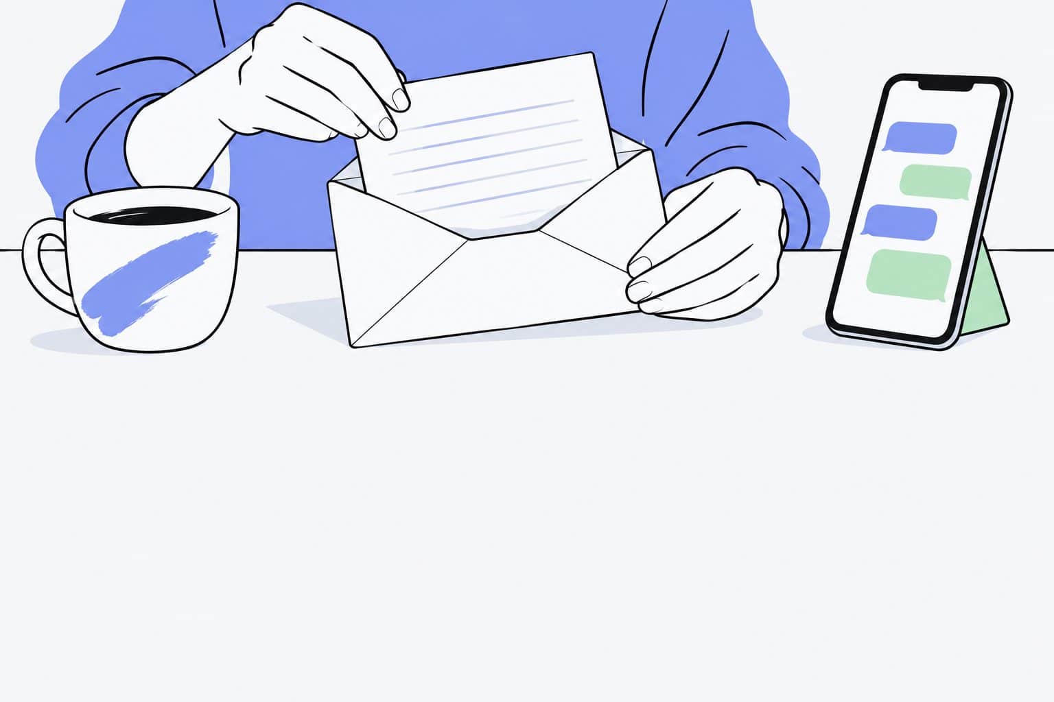 Illustration éditoriale en aplats, en gros plan : deux mains glissent une lettre de motivation pliée aux lignes vierges dans une enveloppe blanche, au-dessus du bord d'une table ; un smartphone posé sur un petit support affiche une conversation de bulles vides bleu pervenche et vert menthe, avec une tasse de café à gauche et une personne en pull bleu pervenche derrière ; la moitié basse de l'image reste un espace clair vide.