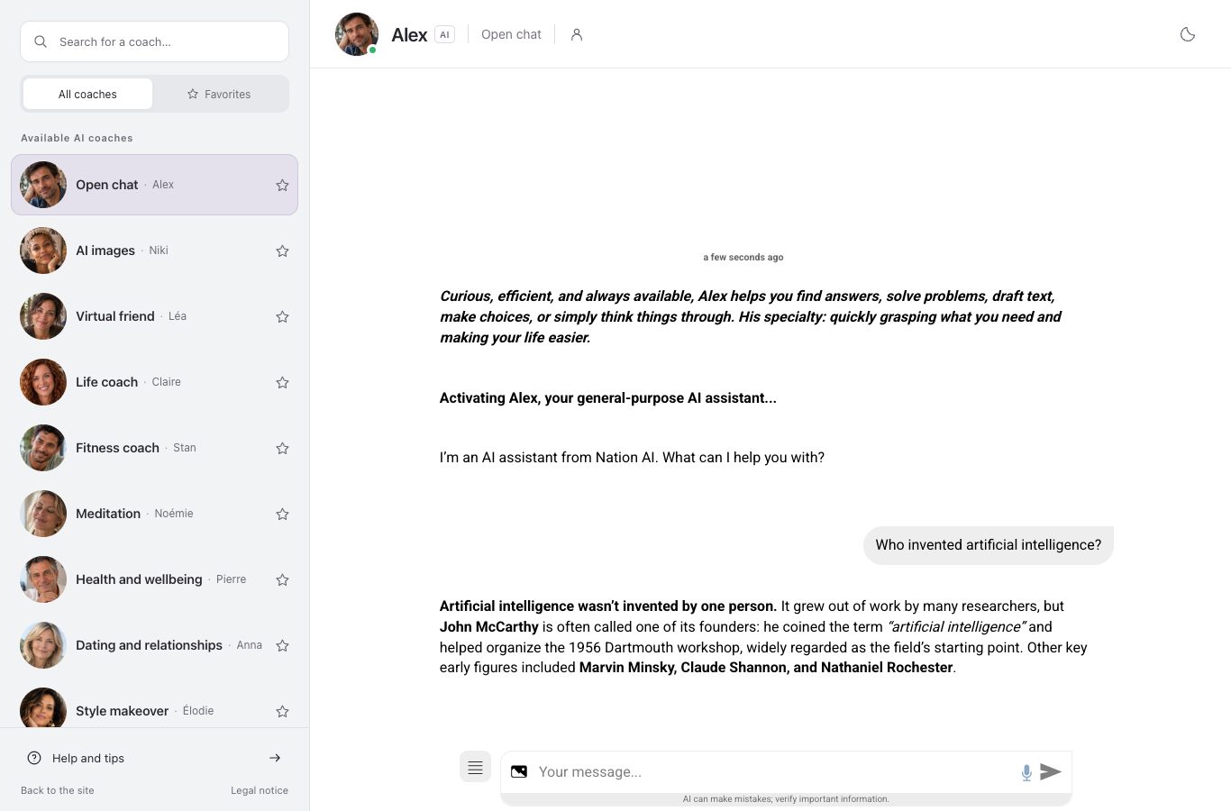 Screenshot of the Nation AI chat: the reader's question about the invention of artificial intelligence and Alex's answer naming John McCarthy, the Dartmouth workshop of 1956, and the pioneers Marvin Minsky, Claude Shannon and Nathaniel Rochester
