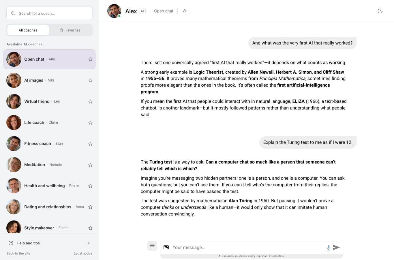 Screenshot of the Nation AI chat: the end of Alex's answer about the first programs, then the way he explains the Turing test in simple words