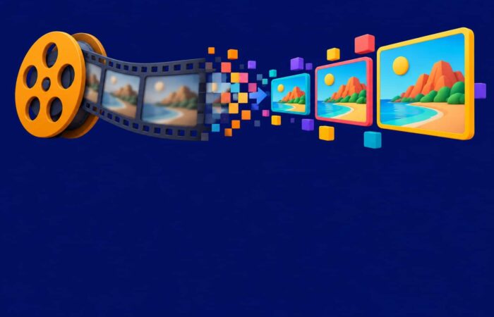 3D illustration of a film reel and video thumbnails increasing in resolution on a navy blue background