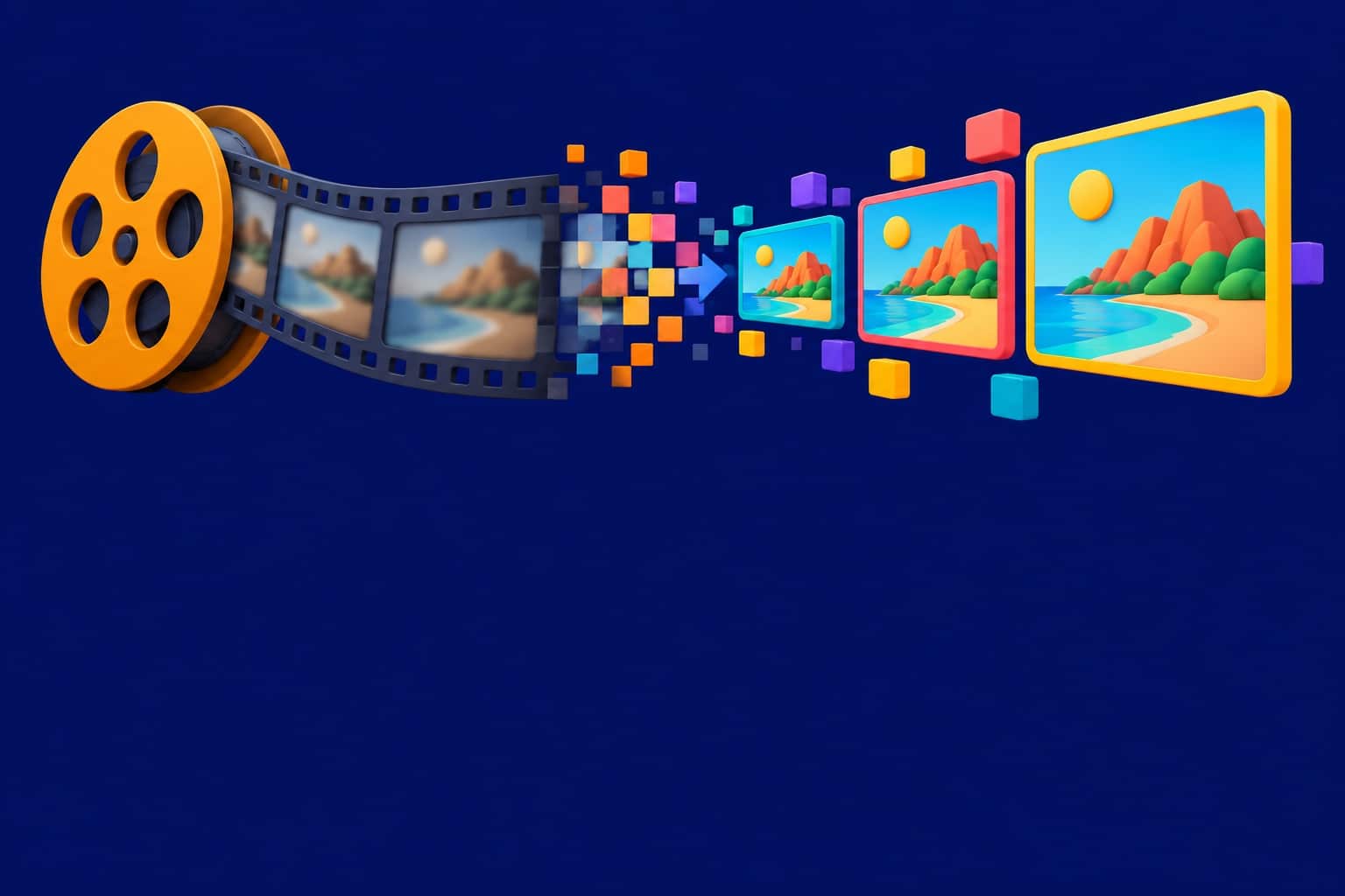 Illustration 3D : bobine de film et vignettes vidéo qui montent en définition, sur fond navy